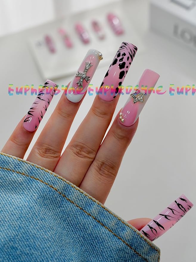 Euphrosyne Punk Y2K Press On Nails – Long Coffin Nails in Pink with Leopard & Zebra Prints, Cross Charms & Star Accents | 10pcs Glam Fake Nails for Teens and Women, Bold Nail Art for Party or Selfie