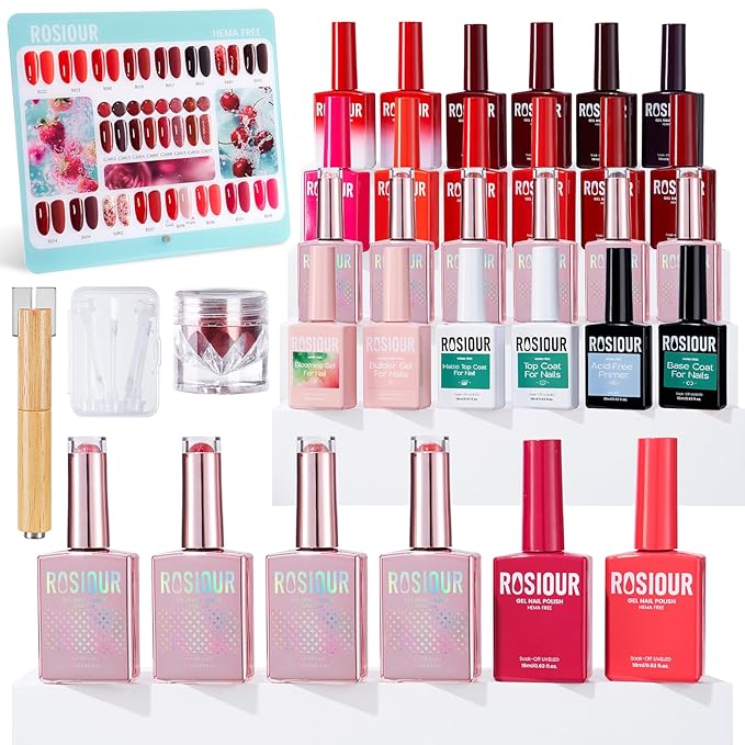 Hema Tpo Free Fall Winter Gel Nail Polish Set - 30Pcs 18ML Red Cat Eye Burgundy Glitter Gel Polish Set with Matte & Glossy Base Top Coat, Primer, Blooming Builder for Women Girls DIY Manicure Gift