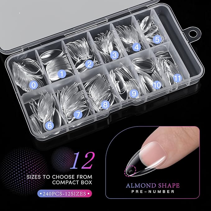 krofaue Almond Nails Tips - 240Pcs Clear Fake Tips 12 Sizes Soft Gel False Nails Full Cover Press on Nails Almond for Manicure Salon and Easy DIY Nail Extensions for Women