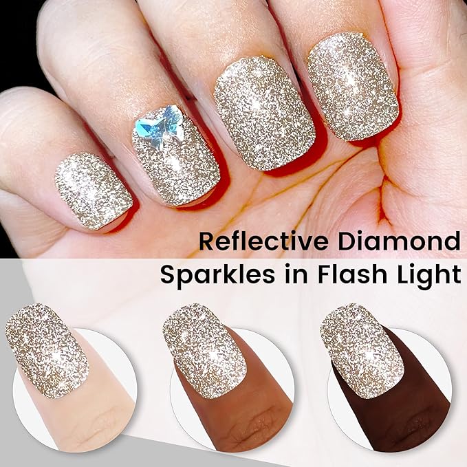 YTD Likomey Reflective Glitter Gel Nail Polish,15ml Champagne Gold Flash Diamond Shimmer Nails Gel,Sparkly Shiny Salon Home Fall Winter Manicure UV Color Varnish,SZ012