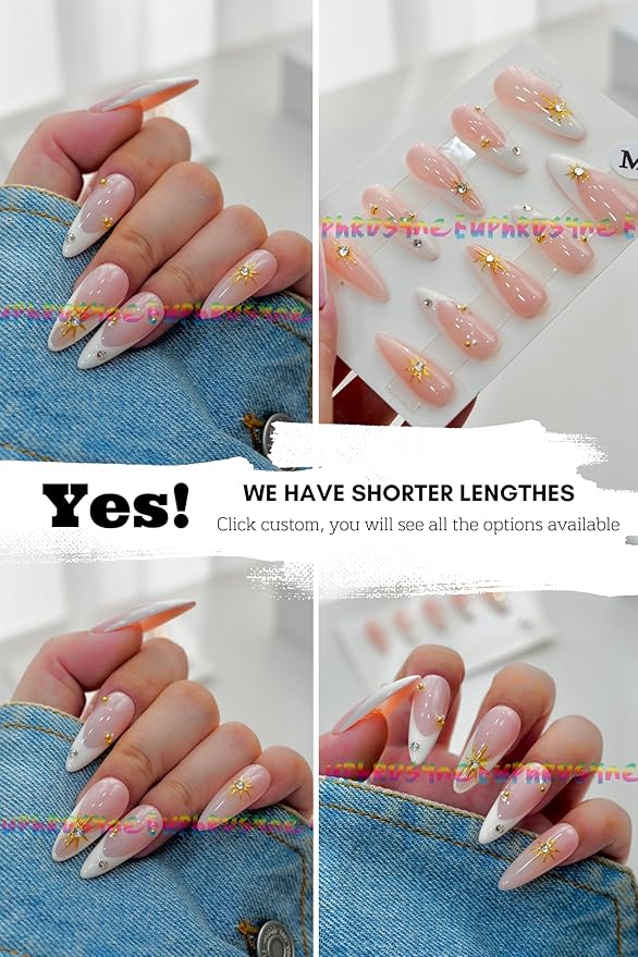 Euphrosyne Long Almond Ombre Press On Nails – 10pcs Pink & White Fake Nails with Sunburst Gold Charms and Rhinestones | Romantic Stick-On Nails for Women, Wedding or Party Look
