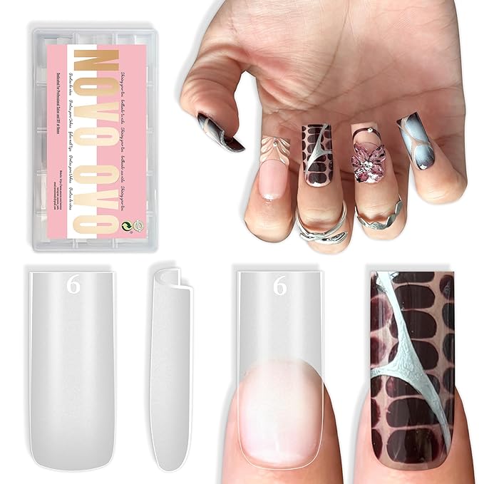 NOVO OVO Sharp Square Medium Nail Tips Press on, Natural (Not Sculpted) No C Curve Soft Gel Double Matte Clear Fake Nail Extension,Full Cover False Nails for Salon DIY Manicure x 15 Sizes 180 pcs