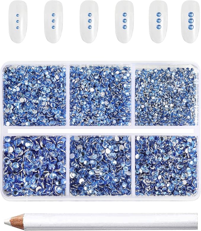 Beadsland 7200pcs Flatback Rhinestones,Light Blue Rhinestone Nail Gems Round Crystal Rhinestones for Crafts,Mixed 6 Sizes with Wax Pencil Kit, SS3-SS10,Light Sapphire