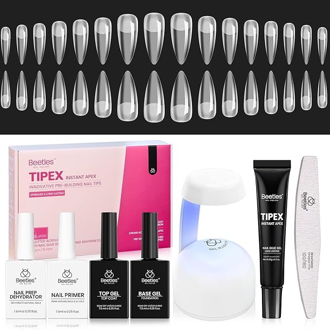 Beetles Tipex Instant Apex Nail Tips Kit – Stiletto Long, Pre-Building Pre-Etched Thick Acrylic Tips with Tipex Nail Glue, Dehydrator, Primer, Base & Top Coat, Mini UV Lamp 224PCS in 16 Sizes