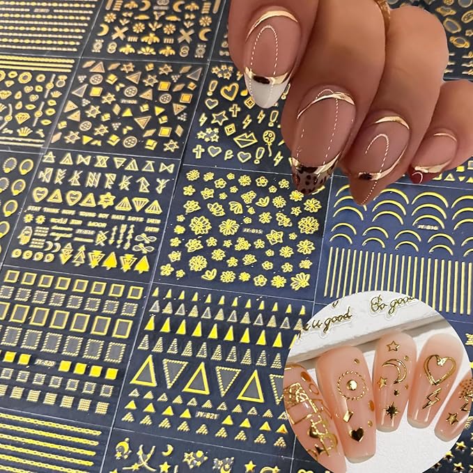 30 Sheets Gold Nail Sticker Star Moon Heart Nail Art Stickers Cute Design 3D Self-Adhesive Nail Decals for Women Girls DIY Nail Art Decoration Accessories