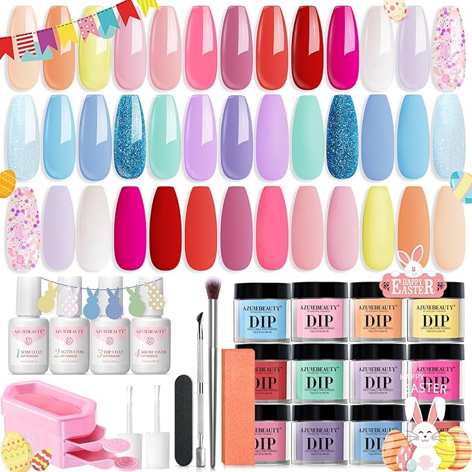 AZUREBEAUTY 31Pcs Dip Powder Nail Kit Starter 20 Colors Pastel Spring Summer Pink Acrylic Dipping Powder Set with Top/Base Coat Activator & Recycling Tray for Macaron French Manicure Salon