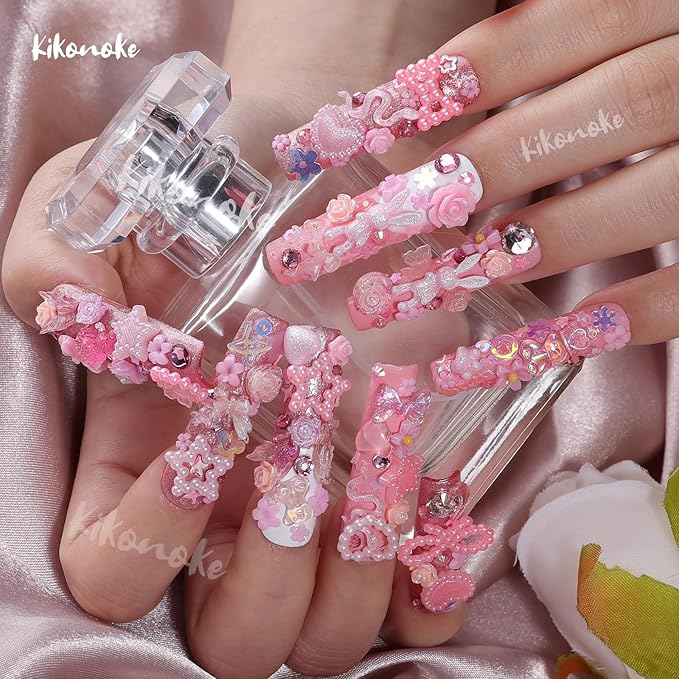 400Pcs Pink Nail Charms Kit, 3D Nail Gems and Rhinestones Flatback Pearls Mixed Shape Set, Heart Rabbit Butterfly Flower Bow Acrylic Resin Nail Art Decorations DIY Craft (Pink)