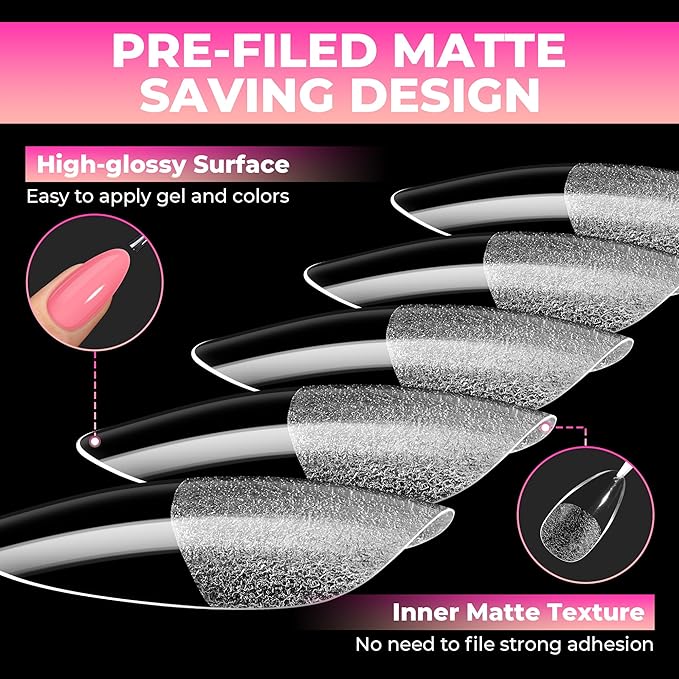 UNA GELLA Almond Nail Tips: 510Pcs Almond Gel Nails Tips 15 Sizes Pre-Etched Full Cover Almond Clear Press on Nails Acrylic False No C Curve Nail Tips for Press on Nail Extensions Home DIY Salon
