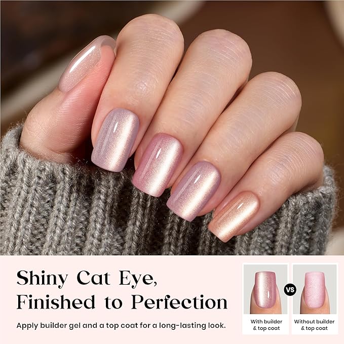 Beetles X Press Cat Eye Nails - 7 Colors Nude Short Square Press On Nails | 16 Sizes 224 Pcs Natural Salon Quality Glitter Chasing Light Cateye Nails For Women