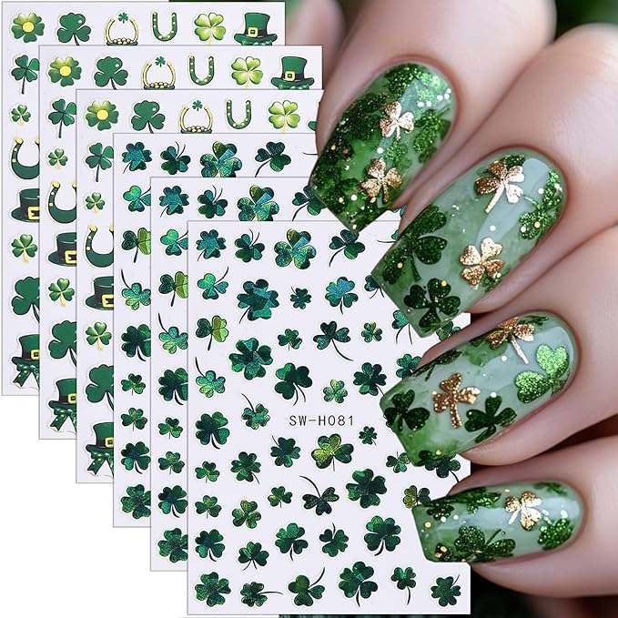 6 Sheets St Patricks Day Nail Stickers Green Laser Irish Shamrocks Nail Art Stickers Hat Horseshoe St. Patrick's Day Nail Decals 3D Self-Adhesive Lucky Clover Nail Decorations for Women Nail Designs