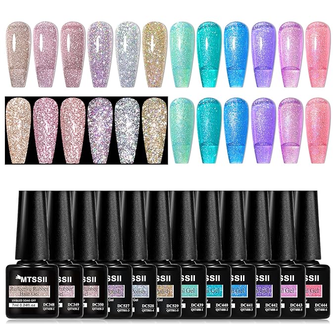 MTSSII Reflective Glitter Gel Nail Polish Set of 12 Colors Pink Red Silver Shimmer Sparkle Gel Polish Collection Kit LED Soak Off Nail Polish Manicure Art Gel Kit Home DIY Nail Salon