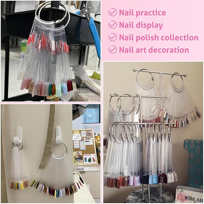 Subay 200 Pcs Nail Swatches Sticks with Number Stickers, Fan-Shaped Practice Nail Art Tips Sticks for Nail Polish Display, Nail Color Swatches Tools with Metal Split Ring for Gel Manicure Home Salon