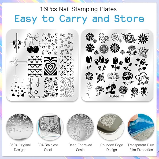 Biutee Nail Stamper Kit 16Pcs Nail Art Stamping Plate 8 Colors Stamp Polish Gel Silicone Stamper Scraper with Storage Bag, Nail Stamp Plates Love Flower Butterfly Leaf Template Holiday Design Gift