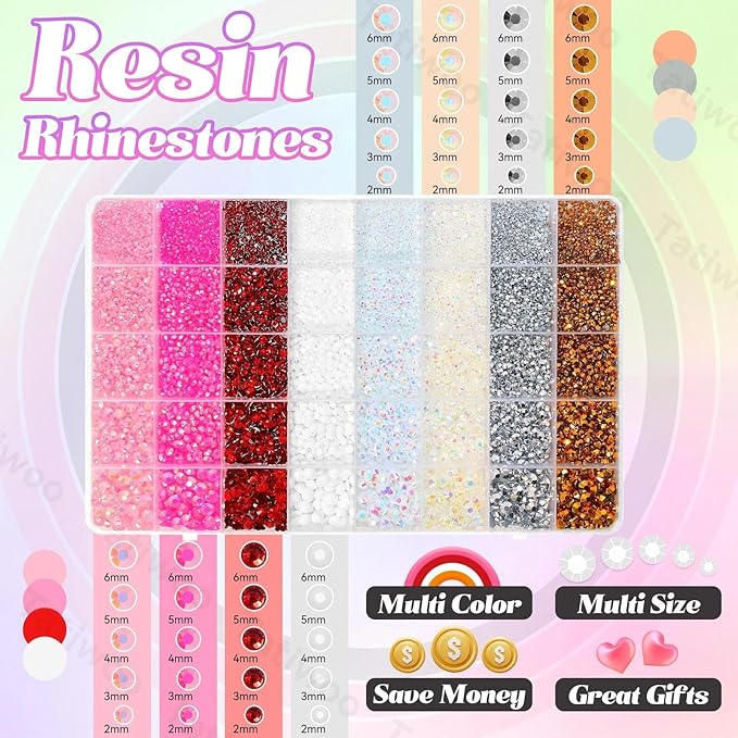 30000Pcs Rhinestones Bedazzling Kit, Pink White Red Sliver Gold Resin Rhinestones for Bedazzling, 2/3/4/5/6mm Flatback Gems for Crafts, Bedazzling Kit for Clothing Shoes DIY Face Makeup Tumblers