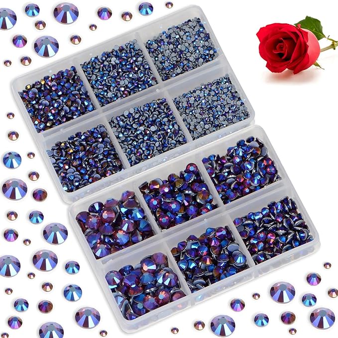 Bymitel Hotfix Crystal Rhinestones Round Gems for Crafts,Mixed 6 Sizes with Wax Pencil Kit, Amethyst AB 1.6-6.3mm SS4-SS30/8000pcs