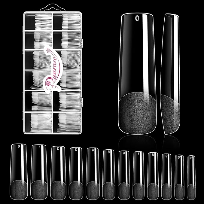 Ranrose Long Straight Nails Tips,240PCS Full Cover Soft Gel Nail Tips for Acrylic Nails Professional 12 Size Pre-shaped XXL Straight Shape False Nail Half Matte Fake Nail for Press On Nail Extensions