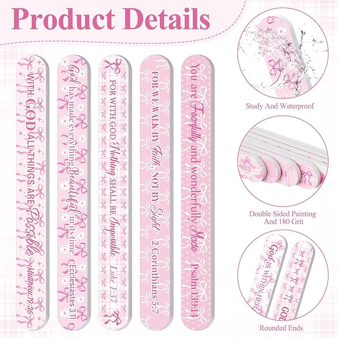 60 Pack Pink Christian Gifts for Women Bible Verse Pink Coquette Bow Nail Files Bulk Church Scripture Emery Boards Religious Appreciation Gift for Coworkers Employee Teacher, 10 Designs