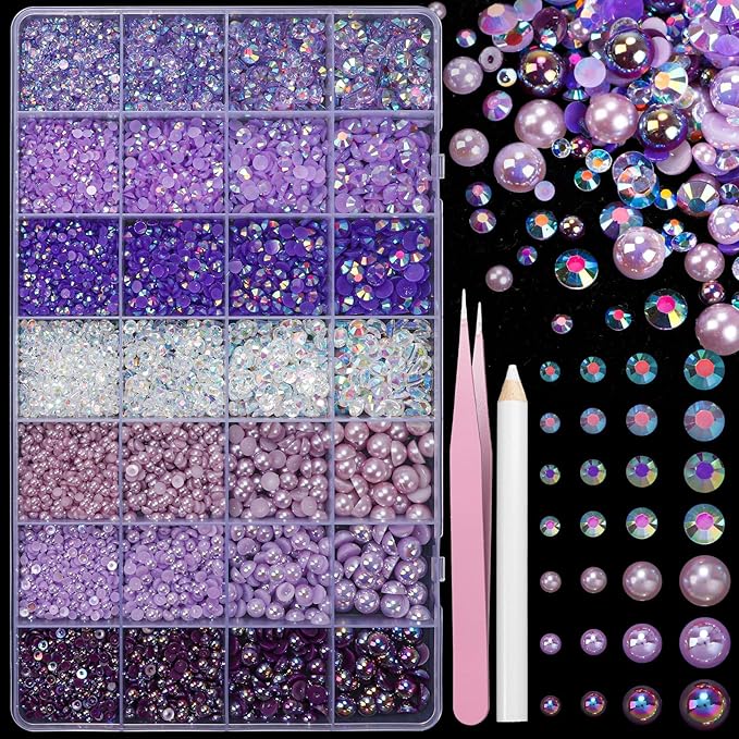 22000 Pcs Purple Flatback Pearls and Rhinestones Bedazzling Kit, Resin Rhinestones Gems for Crafting, Mixed Size Half Pearls Gems for Nails Face Eyes Makeup Bottles Shoes DIY Crafts