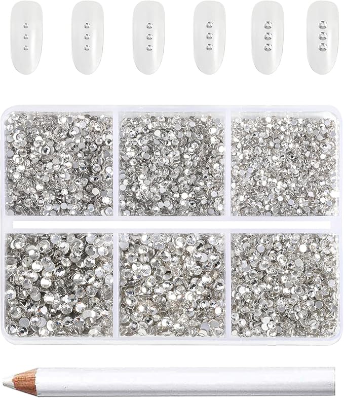 Beadsland 7200pcs Flatback Rhinestones,Clear Rhinestone Nail Gems Round Crystal Rhinestones for Crafts,Mixed 6 Sizes with Wax Pencil Kit, SS3-SS10,Crystal