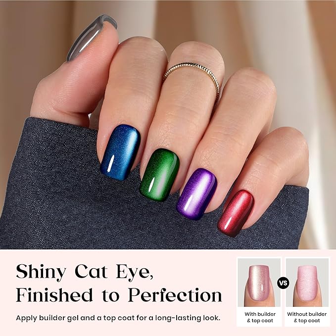 Beetles X Press Cat Eye Nails - 7 Colors Short Square Press On Nails | 16 Sizes 224 Pcs Natural Salon Quality Red Blue Purple Cateye Nails For Women St Patrick Day