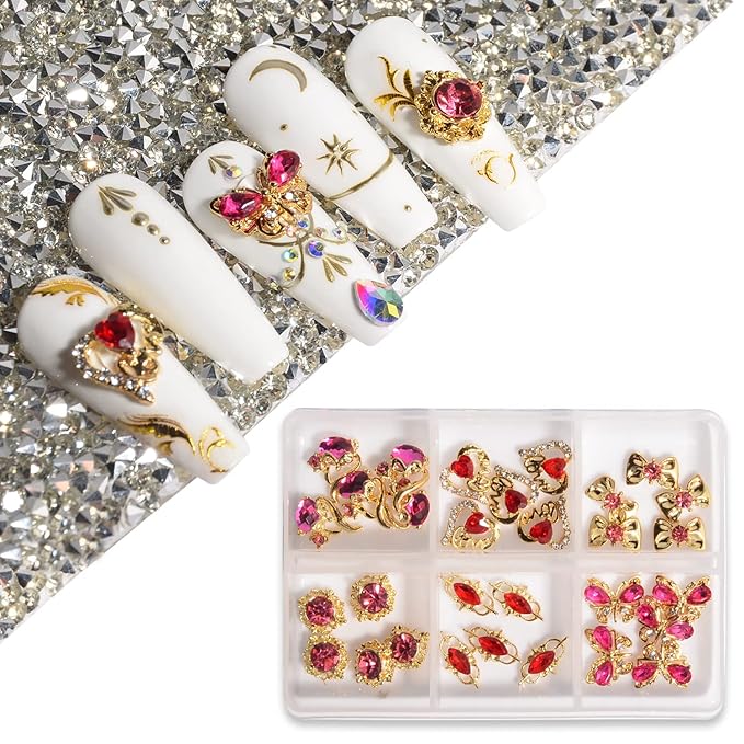 30Pcs Nail Charms 3D Mixed Butterfly Bow Tie Heart Fox Flower Shaped Nail Rhinestones Glitter Gems Metal Gold Rose Red Pink Nail Charms for Girl Women DIY Nail Art Craft Decoration