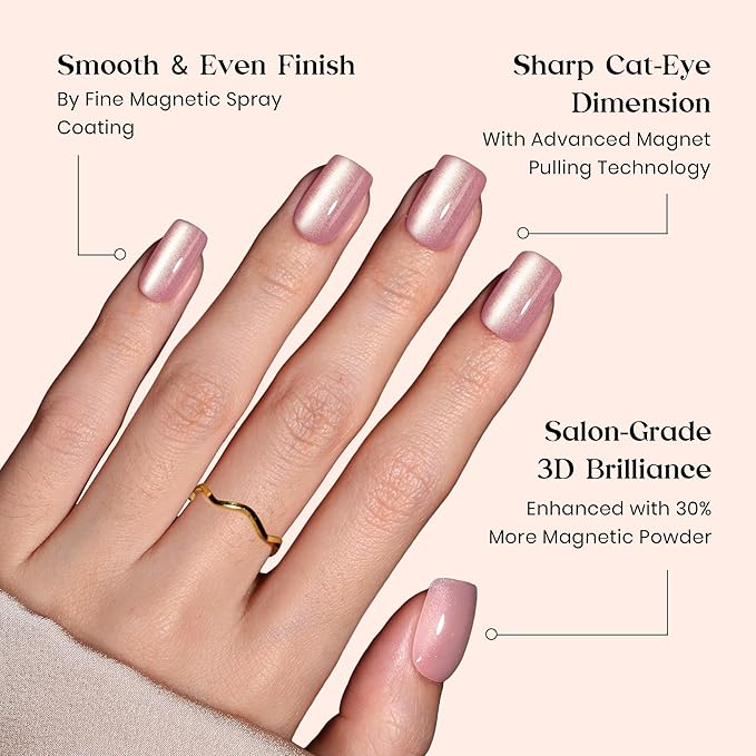 Beetles X Press Plus Gel Nails Kit - Candy Nova | 7 Colors Nude Cat Eye Press On Nails Short Square | 224Pcs 16 Sizes All-in-One Kit With Nail Glue,Remover,Builder Top Coat,Nail Lamp Gift