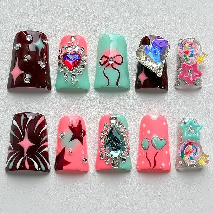 Luxury Press on Nails Short Duck Handmade 3D Unique Reusable ABS Material Fake Nails Pink Cute False Nails with Designs Rhinestones Stars Lollipop Glossy Glue on Nail Thick Acrylic Nail(S)