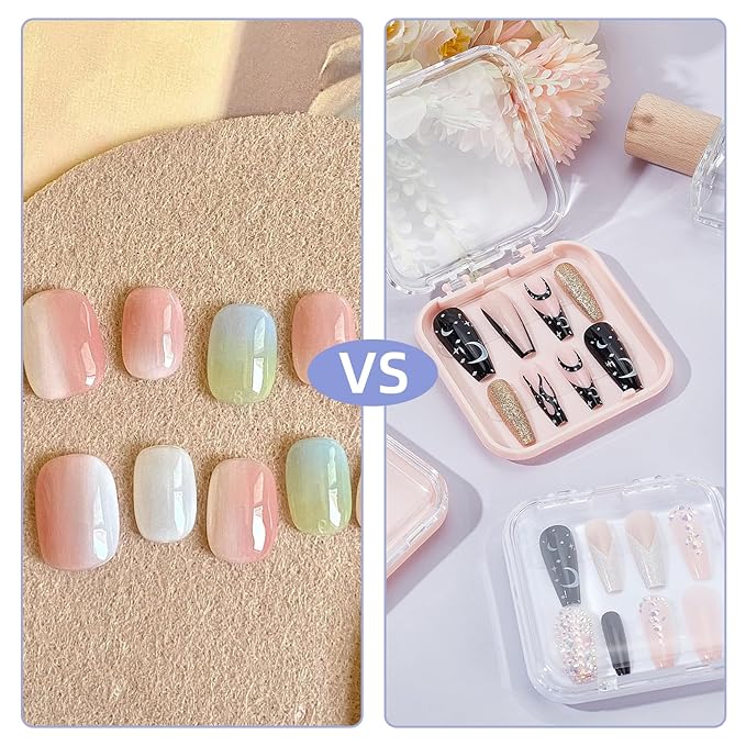 NICENEEDED 4 Pcs Plastic Press on Nail Storage Box, Fake Nails Packing Cases, Transparent Nail Organizer Display Boxes with Adhesive Double Sided Tape for Home DIY Nail Salon