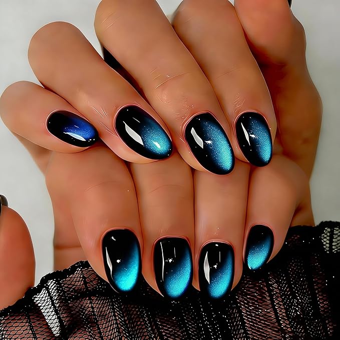 Cat Eye Press on Nails Short, Chrome Press on Nails Oval, Thick Glazed Black Baby Blue Fake Nails Press ons for Women Party Prom, Reusable Glitter Glue On Nails Almond in 15 Sizes, 30 Pcs