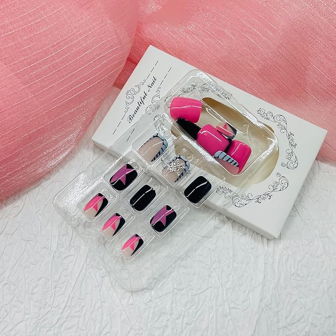 Square Press on Nails Short Fake Nails with Designs Stars Rhinestone Stick on Nail Pink Stars Acrylic False Nail Glossy Artificial Nail Full Cover Glue on Nails for Women