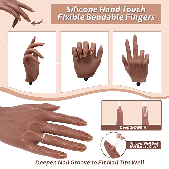 Veikmv Practice Hand for Acrylic Nails,Realistic Silicone Mannequin with Flexible Adjustable Fingers for Acrylic Nails,Gel Polish Training,Professional Nail Art Beginner Kit