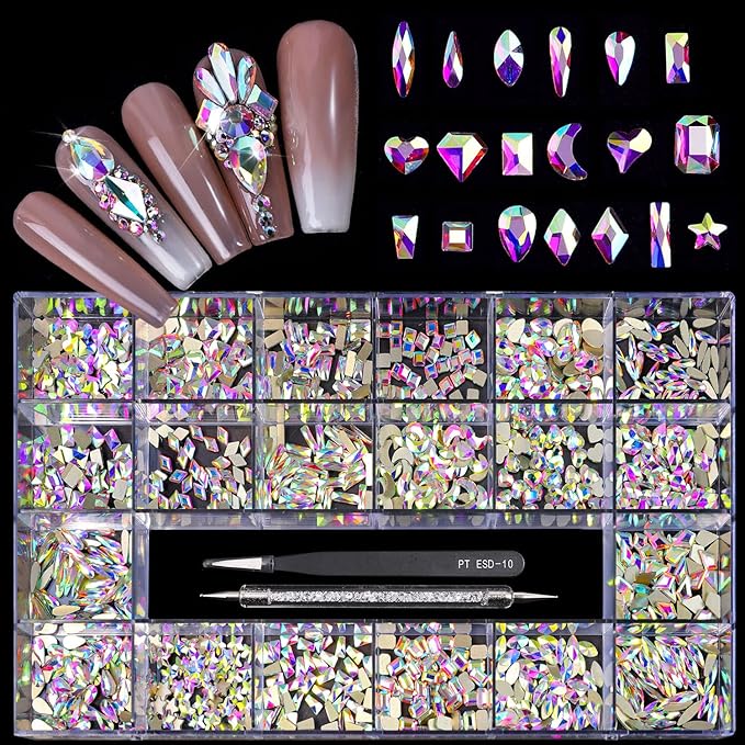 20 Types of 1000 Crystal AB Diamonds Mix Flatback DIY Crafts Rhinestone Crystals 3D Decorations Flat Back Stones Set +Tweezers + Drill Pen