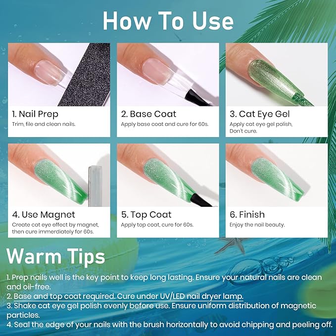 MIZHSE Cat Eye Gel Nail Polish: 8 Colors Summer Magnetic Gel Polish Kit with Magnet Stick, Shimmery Glitter Neon Colors Green Yellow Blue Soak Off Nail Art Salon Home Manicure Women Gift