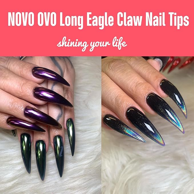 NOVO OVO Halloween 504 pcs Half Cover Curved Stiletto Long Eagle Claw Nail Tips, Clear Extra Super Deep Hawk Curve False Nail Extension for Acrylic, Sharp Fake Nails Cosplay Claws 12 Sizes in Bag