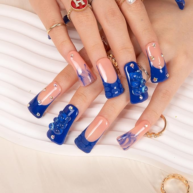 LOVFUL Press on Nails Little Blue Bear | Handmade with Full Covered Crystals | Reusable Full Cover Nails | Duck Classic Regular 1.3 in | H132-L