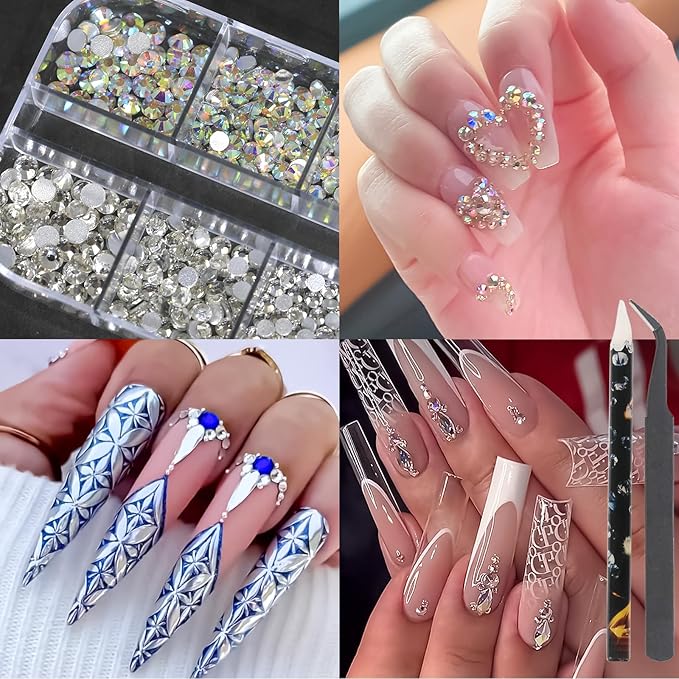 HNUIX Nail Rhinestones and Pearls Nail Charms, 4Box Crystals Nail Gems, Rhinestones, Pearl for Nails Gemstones Bling for DIY Nail Art Decor, with Wax Pencil and Tweeze