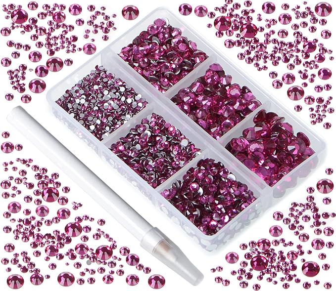 Bymitel 5000 Pieces 6 Mixed Sizes Glue Fix on Glass Rhinestones Round Crystal Gems Flatback for DIY Jewelry Making with one Picking Pen(6-Sizes 5000PCS, Fuchsia)