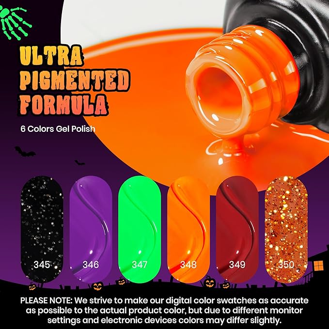Beetles Gel Nail Polish Set - Hocus Pocus 6 Colors Gel Polish Orange Green Purple Black Red Glitter Colors, Soak Off Nail Lamp UV LED Cured Nail Art Design Manicure Gift for Women