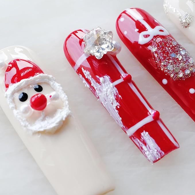 Christmas Press-On Nails, Long Coffin Shape, Red and White Holiday Design with Snowman and Bows, 10 Pieces (Small, LS)