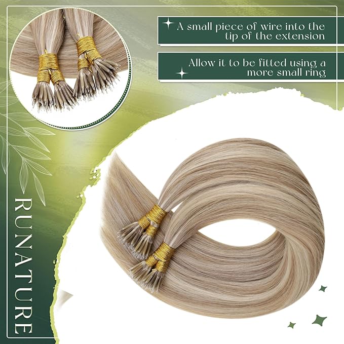 RUNATURE Nano Tip Hair Extensions Human Hair Blonde Highlight Platinum Blonde Nano Hair Extensions Soft Straight Hair for Women Increase Hair Volume Can Be Curled #8P60