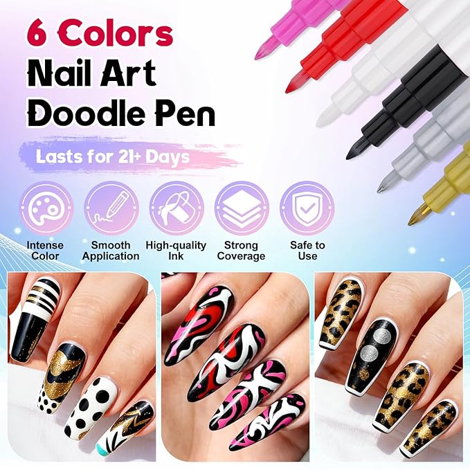 Kalolary 6 Color Nail Art Pens Set, Nail Polish Pens 0.7MM Fine Tip Acrylic Paint Pen Nail Art Markers Quick-Dry Nail Art Tools for Dotting Drawing Painting DIY Nail Art Beauty Manicure（I）