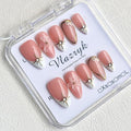 Short Brown French Tip Press On Nails ，3D Metallic Rhinestones style Design Handmade Press On Nails ，Reusable Glam Art Acrylic False Nails (10 PCS)
