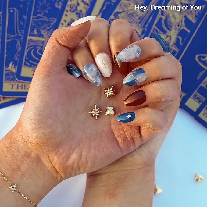 Heyhae Semi Cured Gel Nail Strips | No LED Lamp Needed | Marble, Blue, Spring | Easy Apply & Remove, Salon Quality | Includes 28 Strips, 1 Prep Pads, Nail File & Wooden Stick - Hey, Dreaming of You