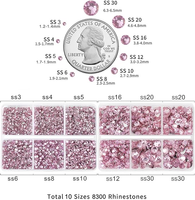 Beadsland 8300PCS Flatback Rhinestones, Pink Rhinestone Round Crystal Rhinestones for Crafts, Mixed 10 Sizes with Wax Pencil and Tweezer Kit, SS3-SS30, Light Rose/Light Pink