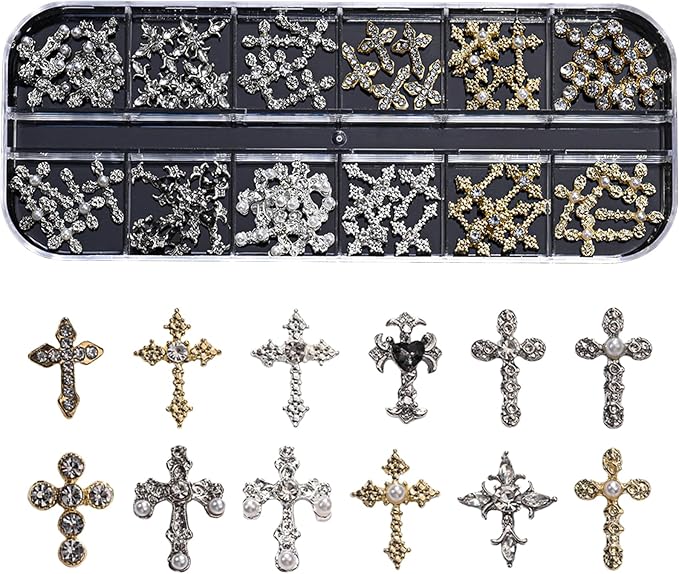 3D Cross Nail Charms for Nail Art, 60 Pcs Metal Crystal Cross Nail Decorations, Alloy Nail Studs and Rhinestones for Women Girl DIY Jewelry Crafts Supplies (Gold+Silver B)