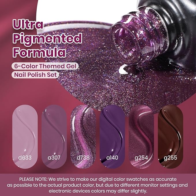 Beetles Purple Gel Nail Polish Set - 6 Colors Muse Of Midnight Deep Dark Light Purple Glitter Cat Eye Spring UV Led Needed Soak Off DIY Salon Home Nail Art Easter Gifts for Women
