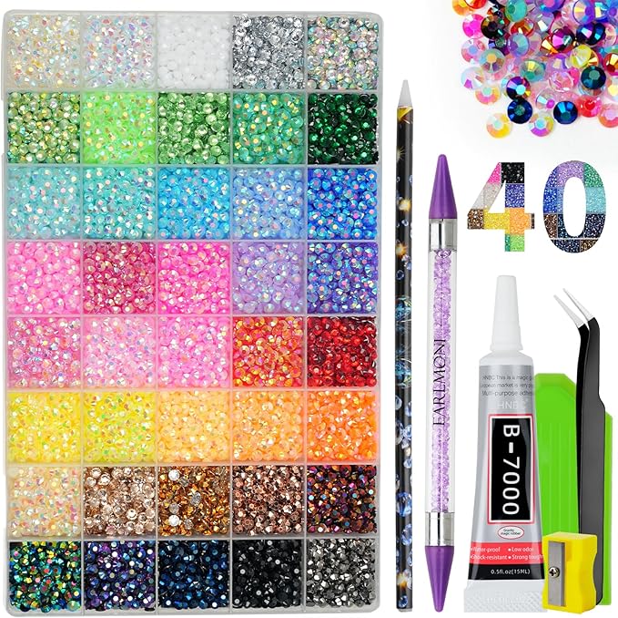 Resin Jelly Rhinestones for Bedazzling, EARLMONI Multi Colord Bedazzler Kit with 15ml B7000 Glue Rhinestone Pen Tool for Clothes Nail Art (40 Colors, 5MM)