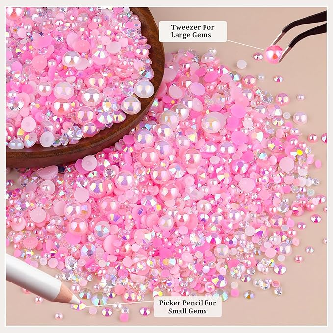 14000PCS Flatback Pearls and Pink Rhinestones for Bedazzling Kit, Pink White Mixed Size 3-8mm Resin Rhinestones and Half Pearls Gems for Crafting, Nail Art and Grad Cap Decoration
