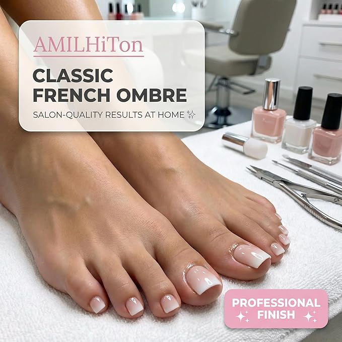 Sheer Blush French Tip Toe Nail Press Ons, 150PCS Square Full Cover Soft Gel Toe Nail Tips, 15 Sizes for Wide Toenail Beds, Pre-Shaped for DIY French Pedicure & Salon