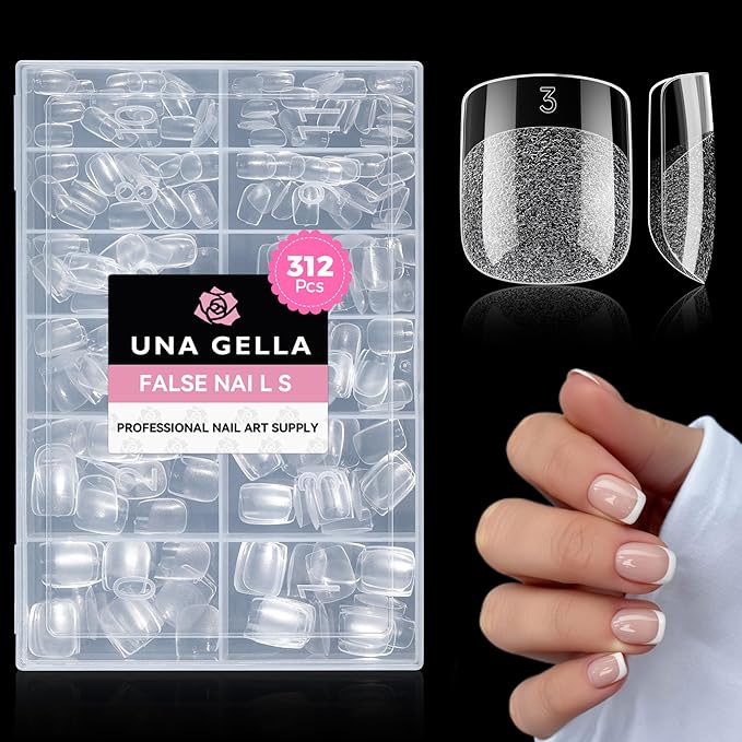UNA GELLA 312Pcs Extra Short Squoval Nail Tips, Square Pre-Etched Half Matte Soft Gel Nail Tips Square Full Cover, No File Needed Clear Squoval Acrylic False Nails for DIY Nail Art Extension 12 Sizes